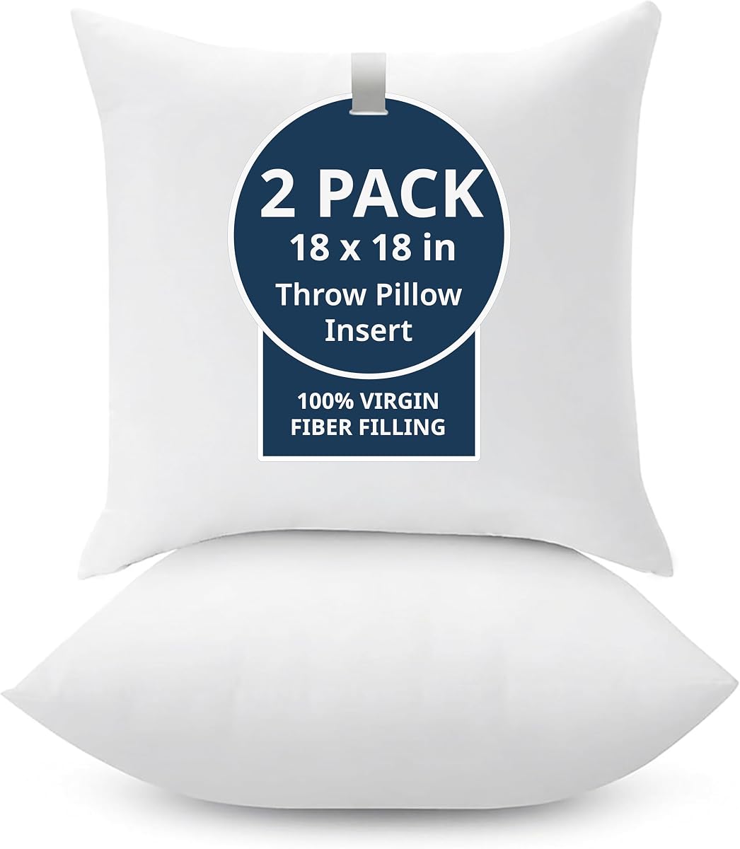 LANE LINEN Juego de 2 insertos de almohada de 18 x 18, cuadrados, retención de forma - Blanco | Insertos de almohada, juego de 2, para sofá y sala de estar, lavables a máquina, tela ultrasuave de 120 GSM, inserto reutilizable