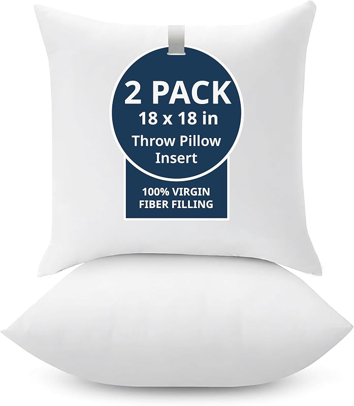 LANE LINEN Juego de 2 insertos de almohada de 18 x 18, cuadrados, retención de forma - Blanco | Insertos de almohada, juego de 2, para sofá y sala de estar, lavables a máquina, tela ultrasuave de 120 GSM, inserto reutilizable