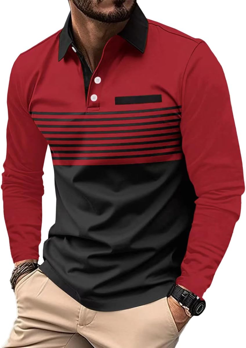Men's Polo Shirts Long Sleeve 2025 Casual Polo T-Shirts Color Block Slim Fit Golf Polo Shirt with Pocket