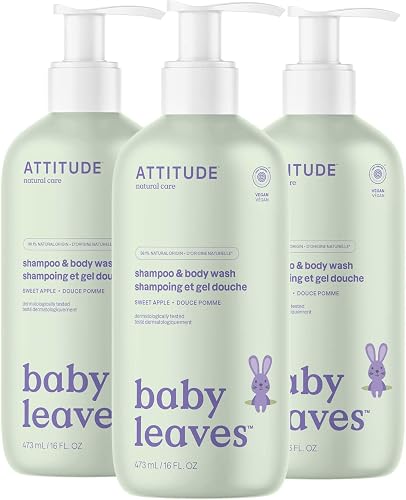 ATTITUDE 2-in-1 Shampoo and Body Wash for Baby, EWG Verified, Dermatologically Tested, Made with Naturally Derived Ingredients, Vegan, Sweet Apple, 16 Fl Oz (Pack of 3)