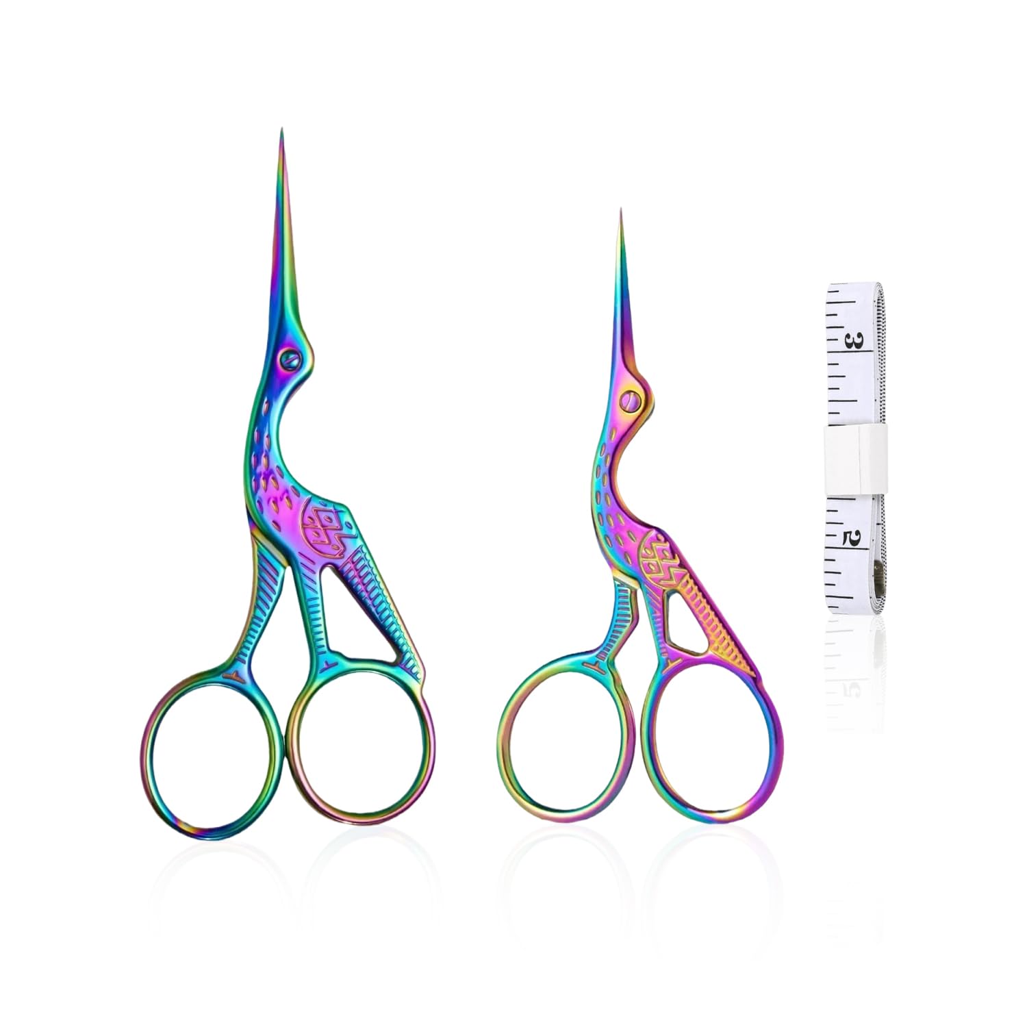 LSYYSL 2 Small Scissors, 1 Double-Sided Soft Ruler, Metal Stork Scissors, Colorful Embroidery Scissors, Multifunctional Scissors
