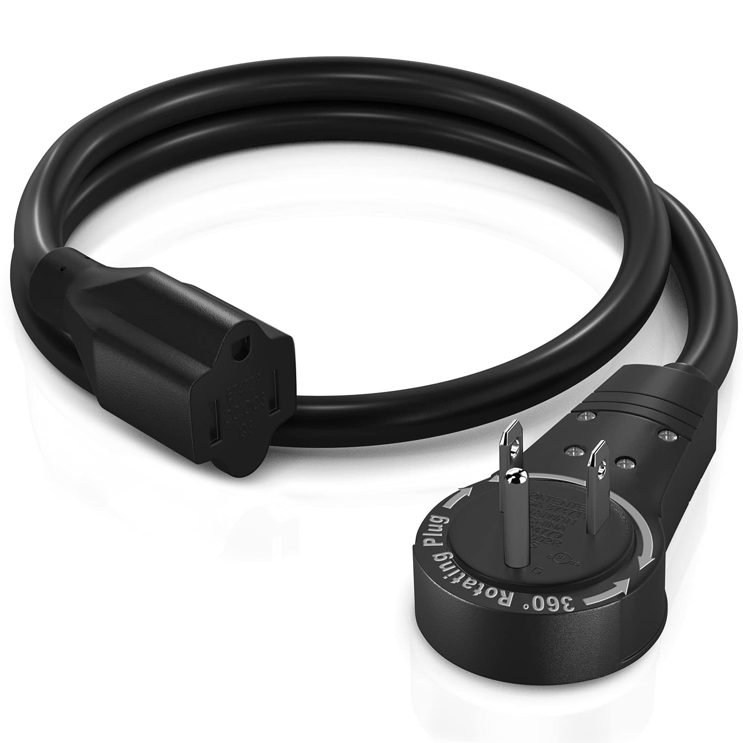 Maximm Cable 1 Foot 360° Rotating Flat Plug Extension Cord / Wire, 3 Prong Grounded Wire 16 Awg