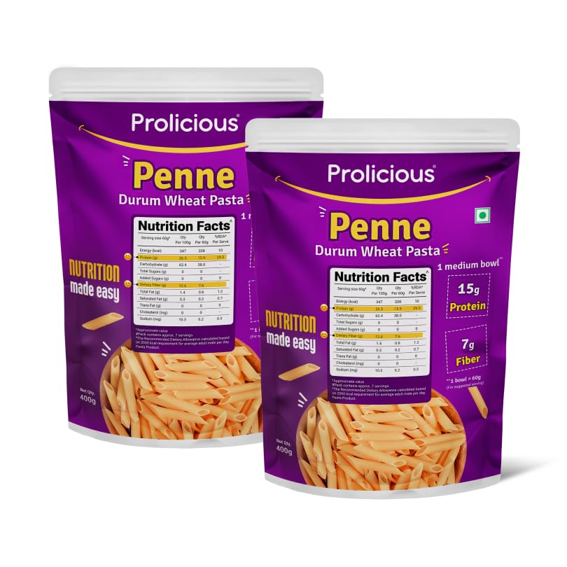 Image of Prolicious Healthy Protein Durum Wheat Pasta| 106g Protein & 50g Fibre |Vegan|Jain|No Maida |No Palm Oil| 400g (Pack of 2)