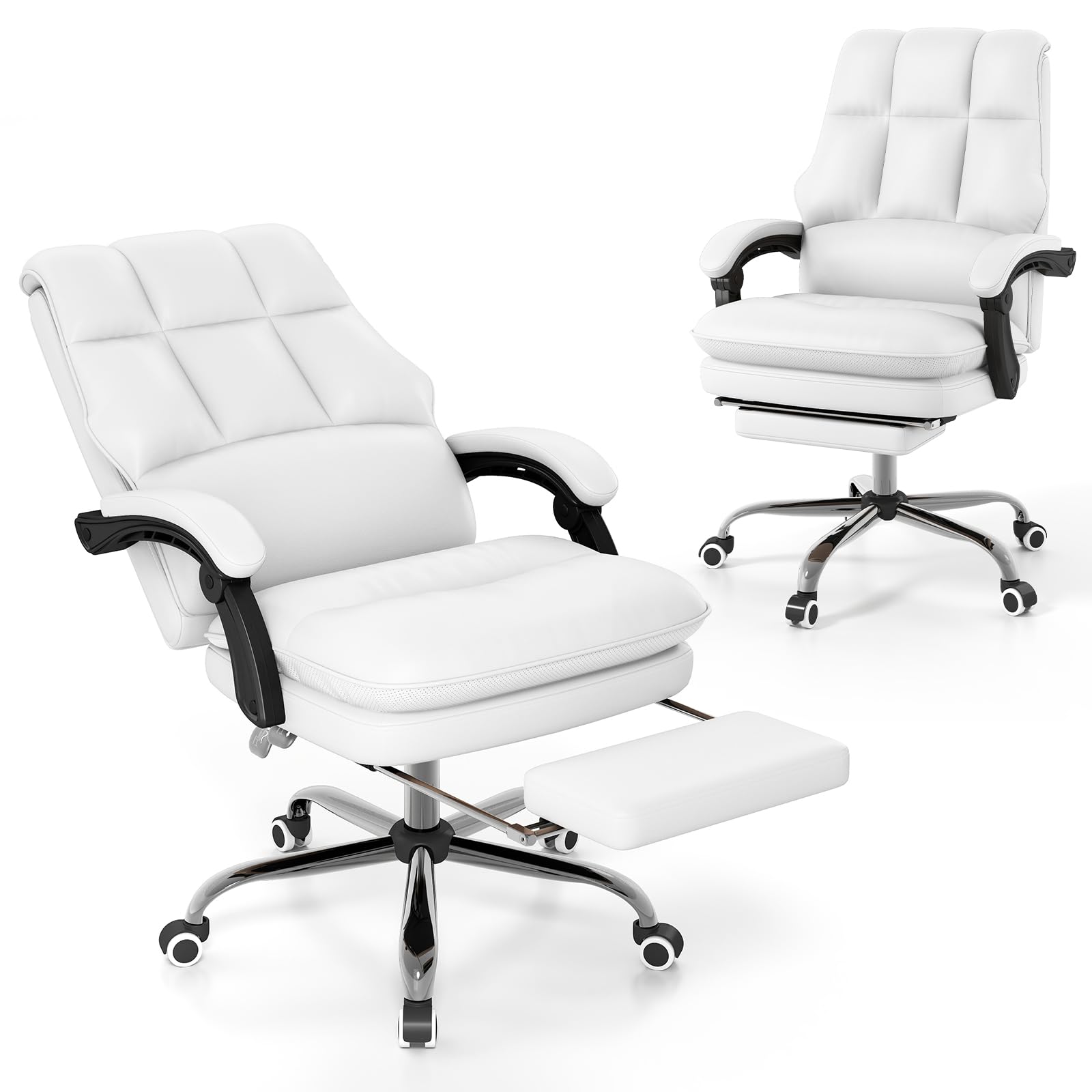 COSTWAY PU Leather Office Chair, Height Adjustable Reclining Computer Desk Chairs with Retractable Footrest and Armrests, Ergonomic Rolling Swivel Executive Chair (White, 70 x 65 x 107-114 cm) — image 1