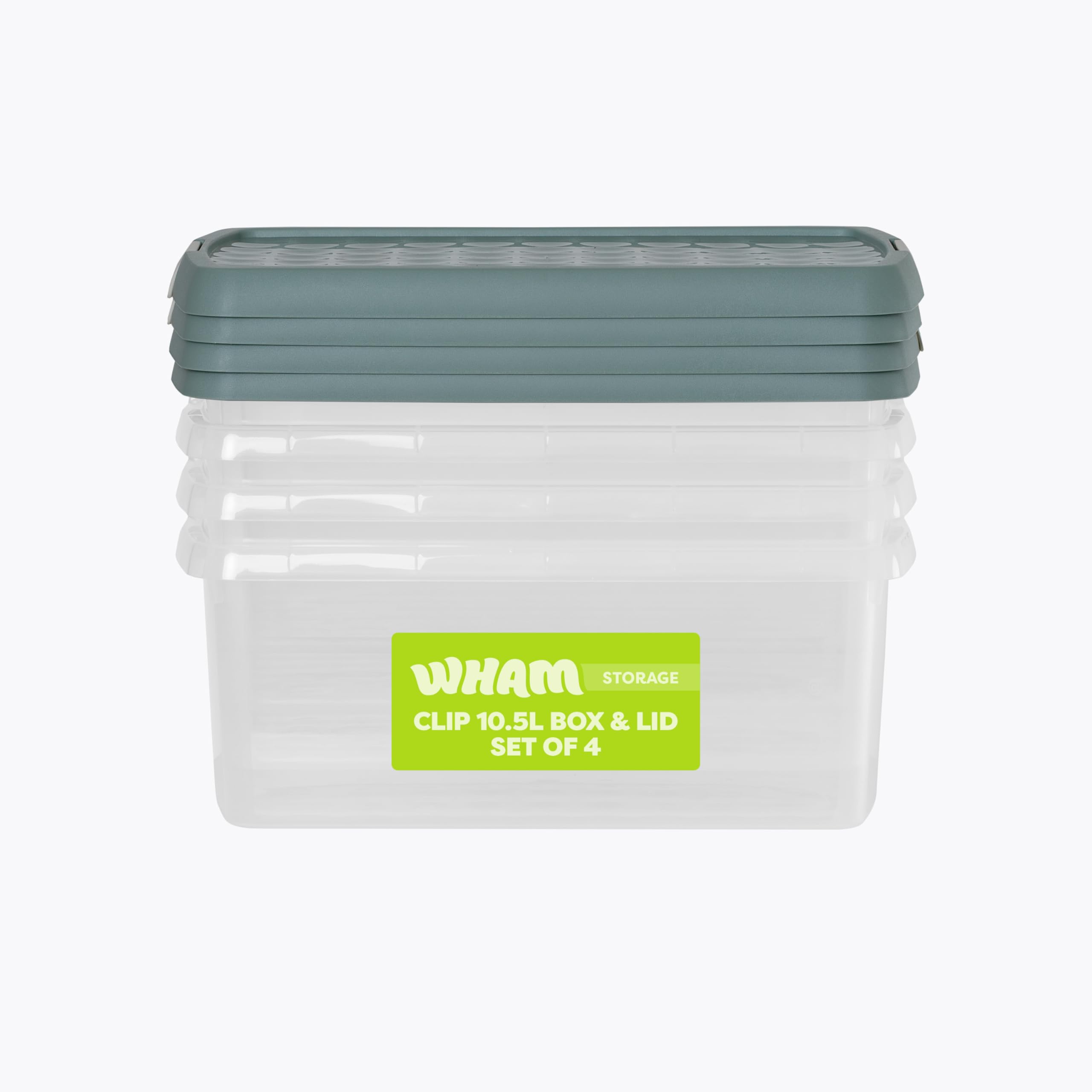 Wham Clip 4 x 10.5L Rectangular Stackable Plastic Storage Boxes with Lids | Ideal for Home, Office, Toys & More | Storage Containers with Clip Locks | Made in UK - Clear/Green Milieu