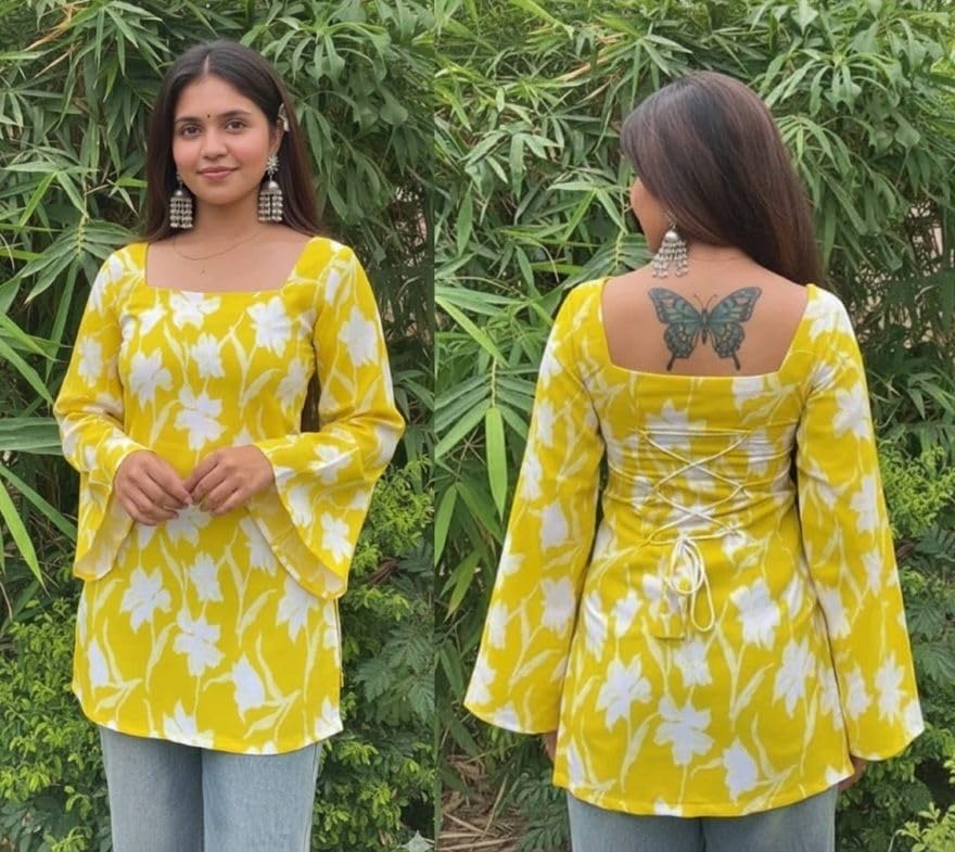 Image of MAHIRA'S Women's Short Kurti, Black Rayon Tunic Top with Embroidered Sleeves, 3 /4 Designer Sleeves