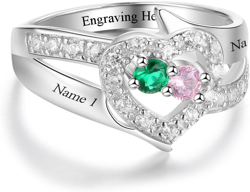 Engraved Engagement Rings for Women Personalized 2 Simulated Birthstones Promise Heart Rings for Lover
