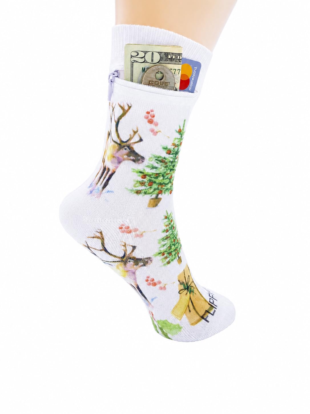 Zipper Sock Wallet - Cotton &amp; Polyester Zipper Socks with Pockets - Fits shoe size 6-13