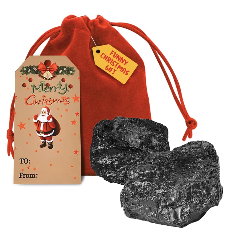 O³ Lump of Coal Gift Christmas - Suprise Gift Bag with 2 Coals and a Gift Tag - Xmas Joke Prank - Naughty Holiday Surprise-Perfect for Stockings, Shoes - Gag Present