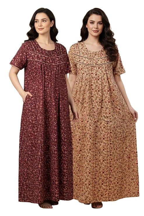 Image of Bahumaan Cotton Nighty for Women Full Length Stylish | Floral Print Cotton Maxi Dress for Women with Pocket | Sleepwear Gown for Women