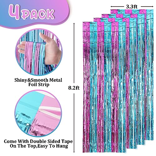 Image of Voircoloria 4 Pack 3.3x8.2 Feet Blue and Pink Foil Fringe Backdrop Curtains, Tinsel Streamers Birthday Party Decorations, Fringe Backdrop for Graduation, Baby Shower, Gender Reveal, Disco Party