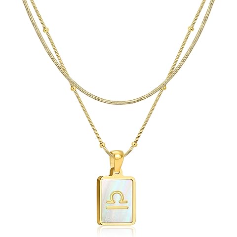 LETFLY Zodiac Natural Shell Layered Gold Necklace for Women, 18K Gold Plated Square Shaped Pendant with Adjustable Layered Snake Chain for Womens Jewelry Gifts