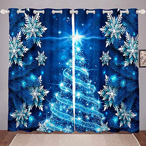 Loussiesd Christmas Tree Window Treatments Blue Xmas Theme Curtains Chic Winter Snowflake Window Drapes for Girls Daughter Bedroom Decor Girly Glitter Grommet Top W66*L72