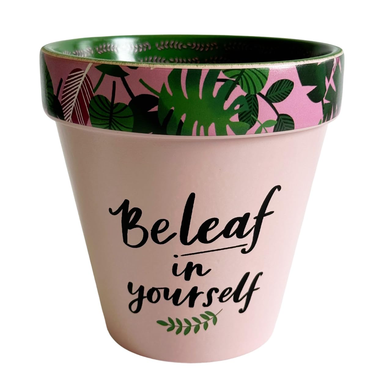 WPL Gifts Love Plants Small Flower Planter Pots - Fun Quotes & Humour in Pastel Colours - with Optional Coaster Add On - Perfect Floral Home Decor (Beleaf In Yourself)