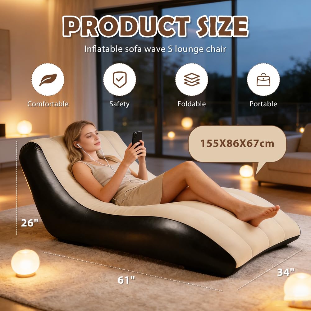Sofá inflable, sofá hinchable, sofá hinchable, sofá hinchable, para camping, sillón hinchable con funda de felpa, capacidad de carga de 300 kg, para interior y exterior, color marrón