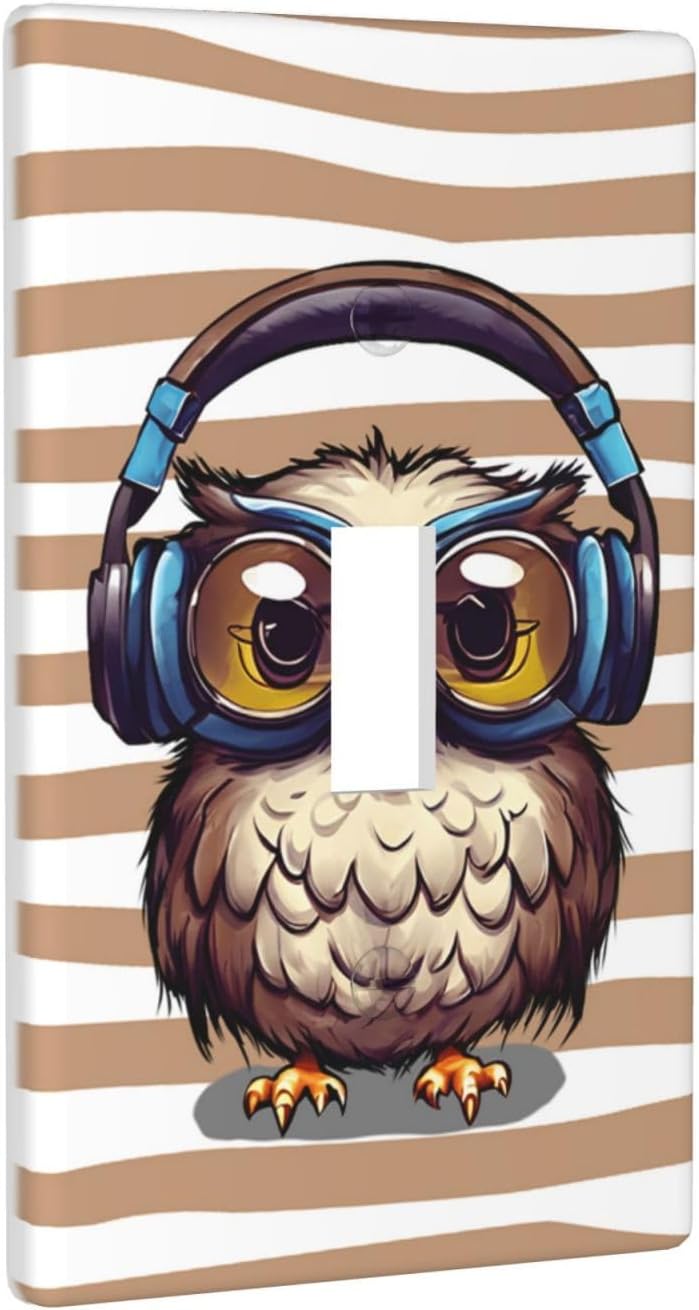 Owl Listening To Music Single Toggle Light Switch Cover Plate Decorative Wall Plates, 1 Gang Switch Plates And Outlet Covers 2.75" X 4.5" For Bedroom Bathroom Kitchen Home Decor