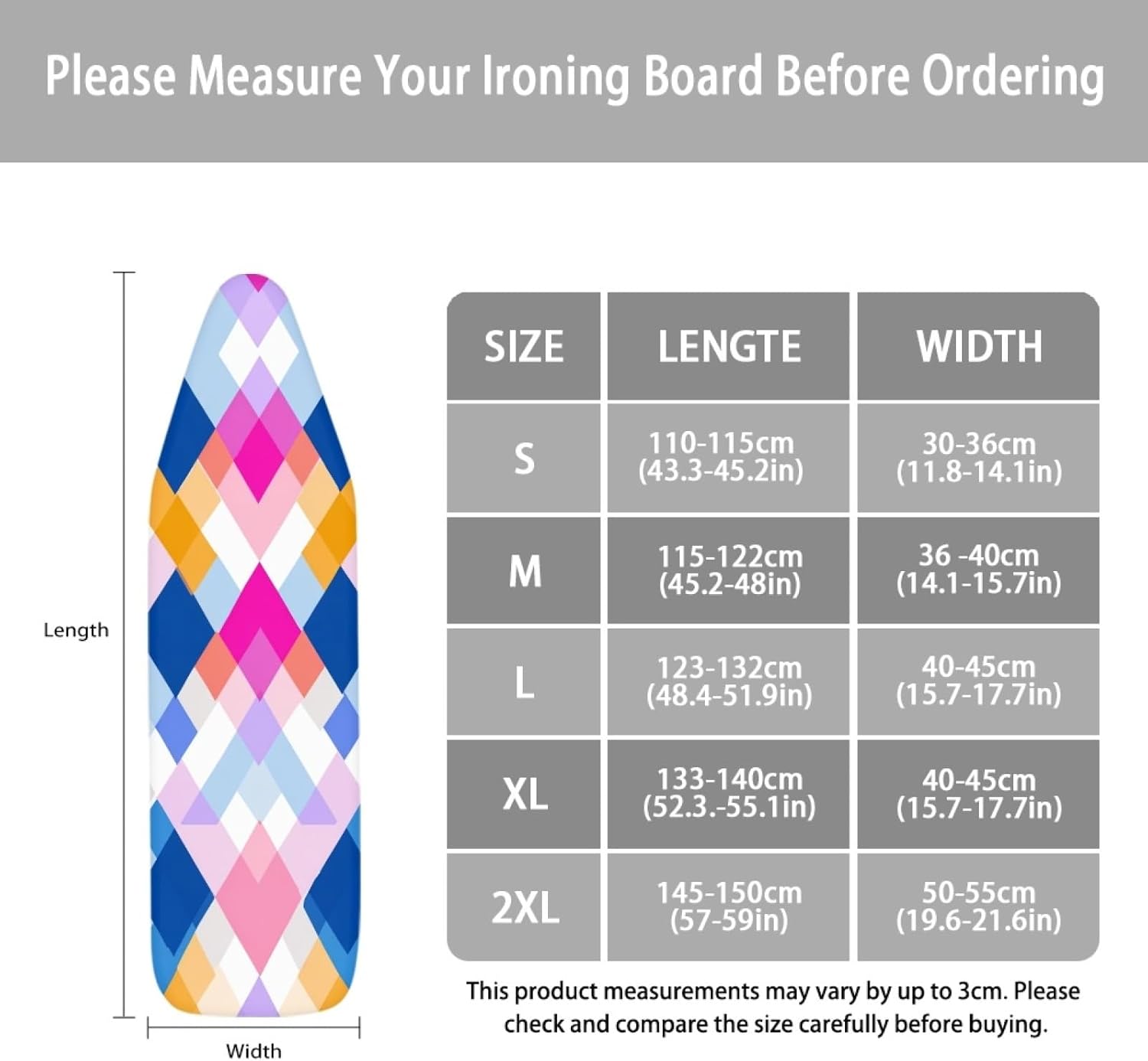 Large Ironing Board Cover and Pad 59x19 Blue Pink Iron Table Cover with Padding,Extra Wide,Resist Scorching and Staining,Heatproof,Adjustable Fastener Durable Stain