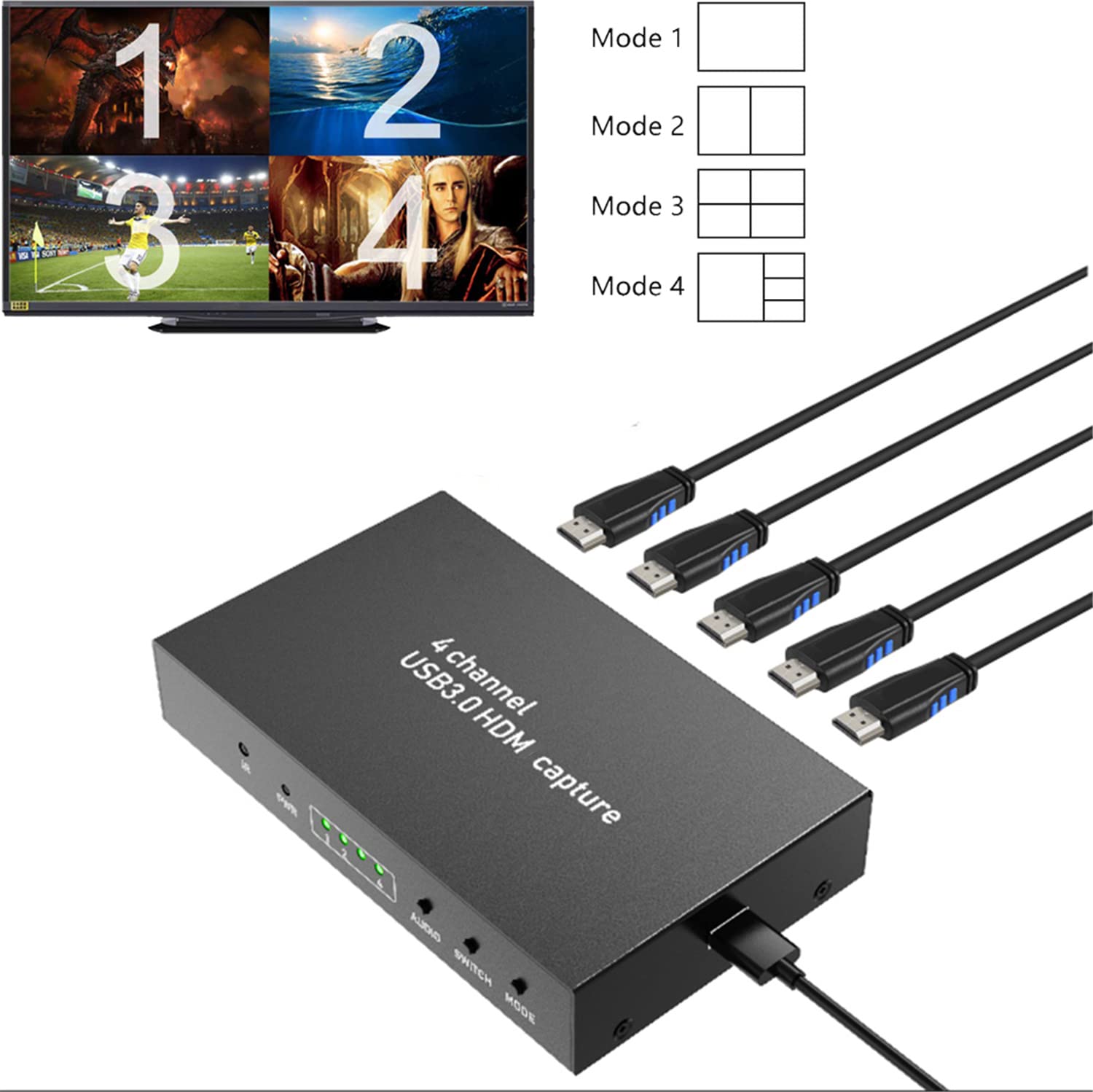 Scheda di acquisizione video 4 canali USB3.0 1080P 60fps Cattura 4 videocamere Multipli su OBS Live Streaming