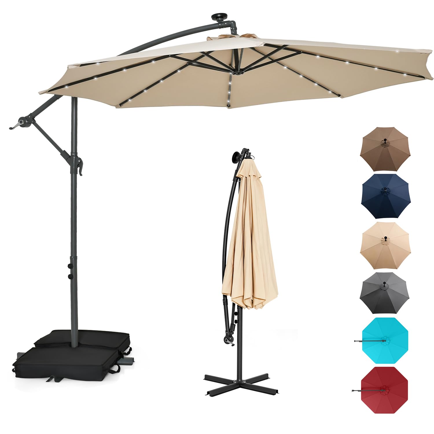 RELAX4LIFE Parasol Déporté 3x3M LED à Énergie Solaire, Parasol de Jardin Extérieur Inclinable avec Pied Incus, Imperméable à 8 Baleines, Protection UV pour Terrasse Patio Plage (Beige)