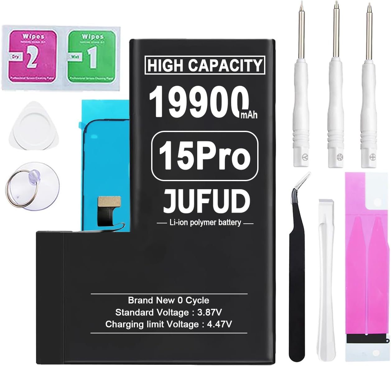 19900mAh Replacement Battery Used for iPhone 15 Pro – 0 Cycle Battery Compatible with Models A3104 A2848 A3101 A3102 with Full Repair Tool Kit
