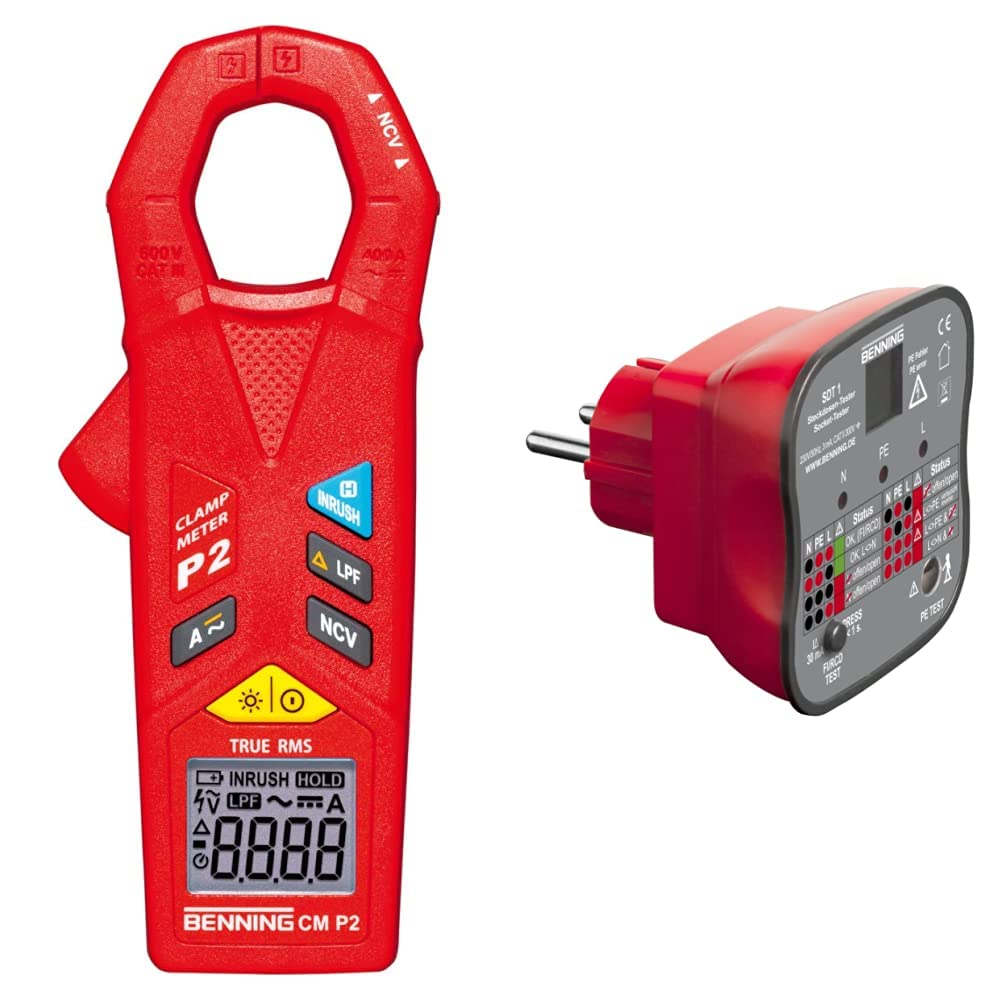 BENNING P2, TRUE RMS Mini-AC/DC-Stromzange, 044679 & SDT 1. Steckdosentester (Prüfung von Schutzkontaktsteckdosen, Prüfart 2-polig, Spannungsmessbereich 230 V AC, Klingenlänge 17 mm) 20053