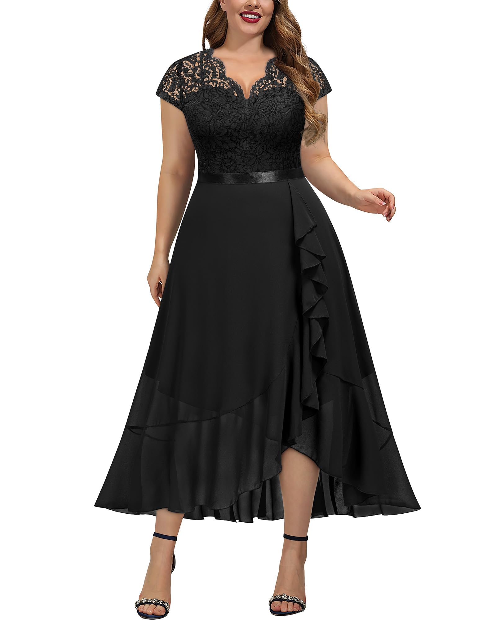 Miusol Women's Plus Size V Neck Elegant Floral Lace Ruffle Bridesmaid Maxi Dress