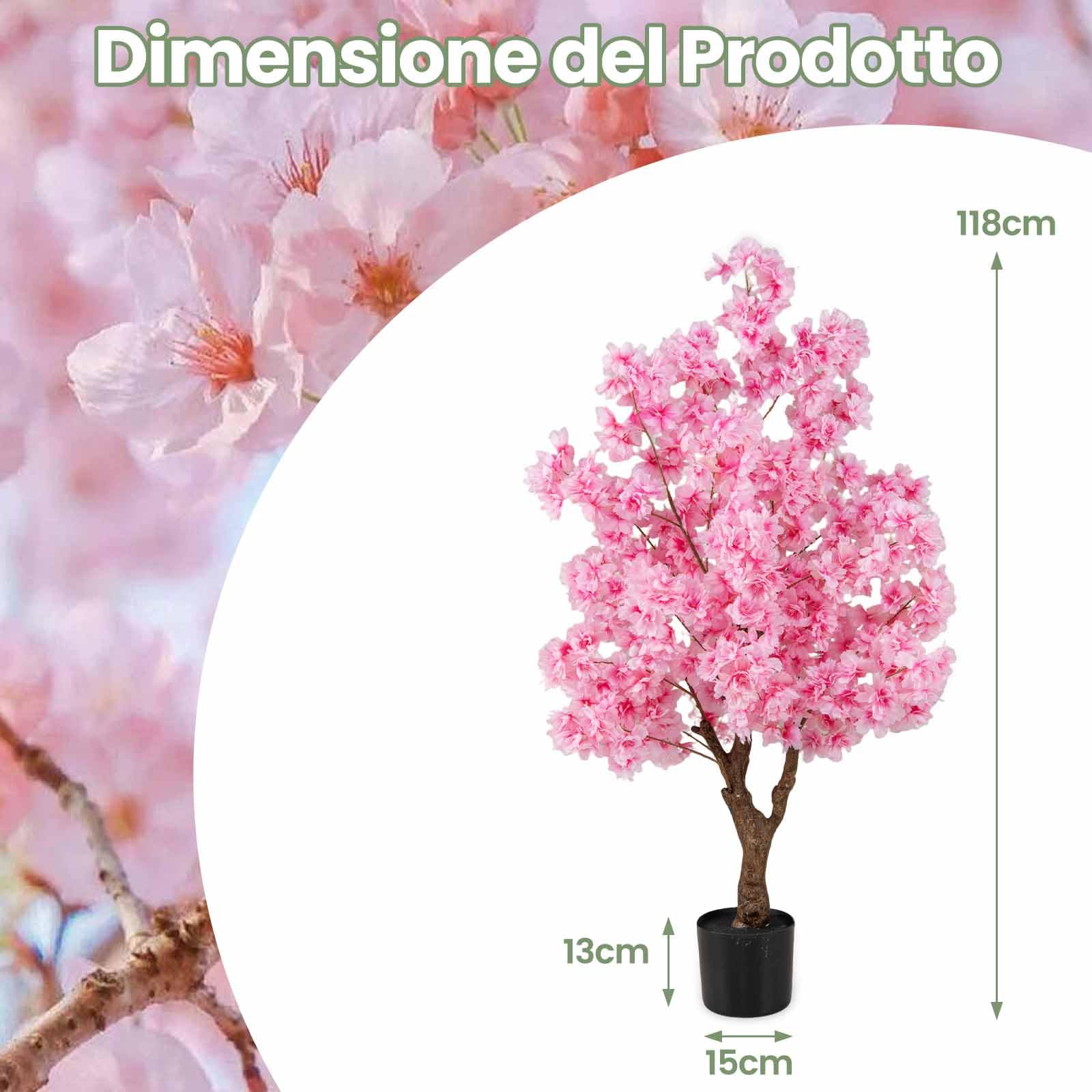 COSTWAY Albero di Ciliegio Artificiale da 118 cm con Fiori Rosa, Tronco PE Multiramo e Base Riempita di Cemento, Pianta Finta da Interno ed Esterno in Vaso per Ufficio, Casa, Matrimonio