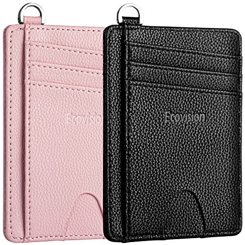 EcoVision Carteira fina minimalista com bolso frontal, bloqueio de RFID, porta-cartões de crédito com manilha em D removível para homens e mulheres, 2 lichias pretas e rosa, Small, Moderna