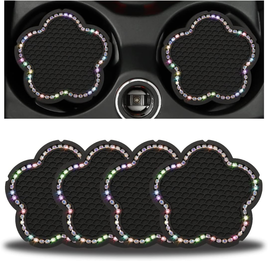 BELOMI 4PCS Bling Car Cup Holder Coaster, 2.75 Inch Crystal Anti-Slip Vehicle Cup Holder Insert Coaster, Rhinestone Cute Plum Blossom Pattern Auto Drink Mat, Universal for Women Girls(Multicolour)