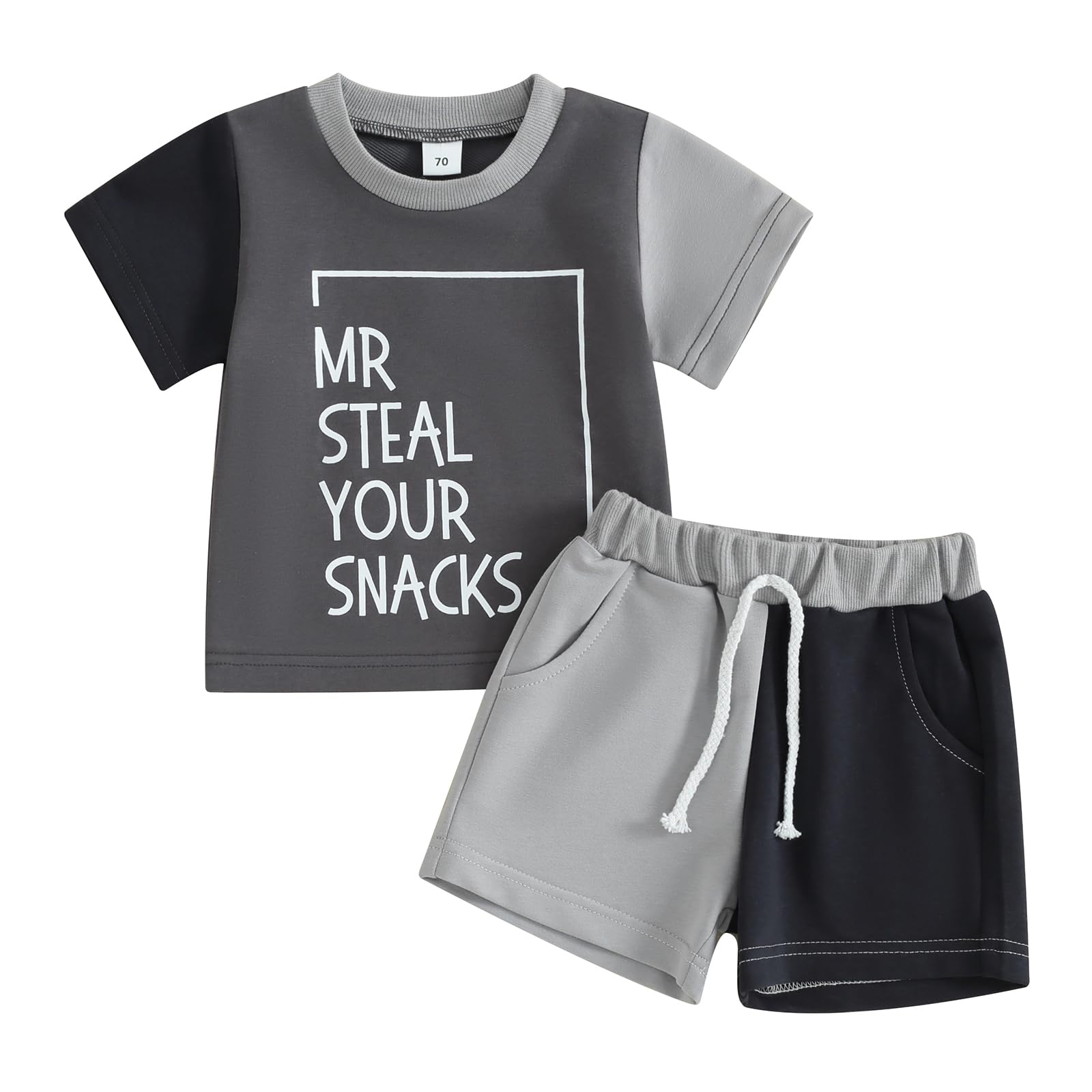 JLKGICF Toddler Baby Boy Clothes Short Sleeve Letter Print Tops Elastic Waist Contrast Color Shorts Summer 2 Piece Outfits (Black, 18-24 Months)