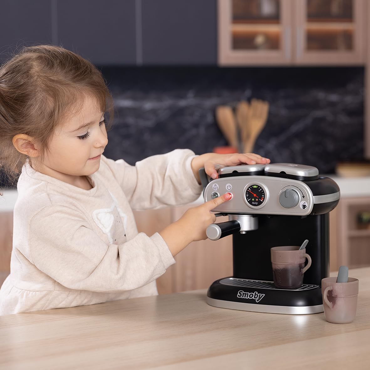 Smoby - Macchina per caffè espresso - Giocattolo di imitazione realistico - Effetti sonori e luminosi - 6 accessori - Sviluppa la creatività - Ricrea i gesti quotidiani