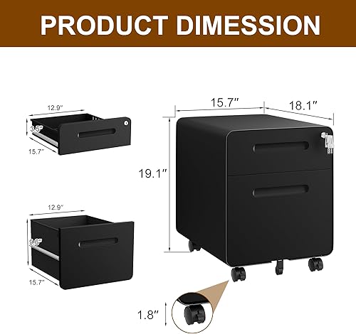 Miniatura 3 de Archivador de 2 cajones con cerradura y 4 llaves, archivador móvil de metal, archivadores para oficina en casa, debajo del escritorio, premontaje,