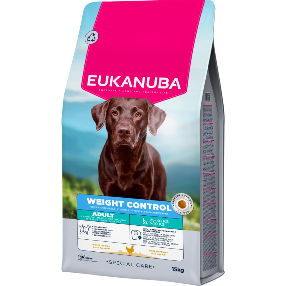 Eukanuba Weight Control karma dla psów z kurczakiem dla dużych ras, np. sterylizowanych/kastrowanych psów, niskotłuszczowa, sucha karma Special Care do utrzymania wagi lub diety w przypadku nadwagi