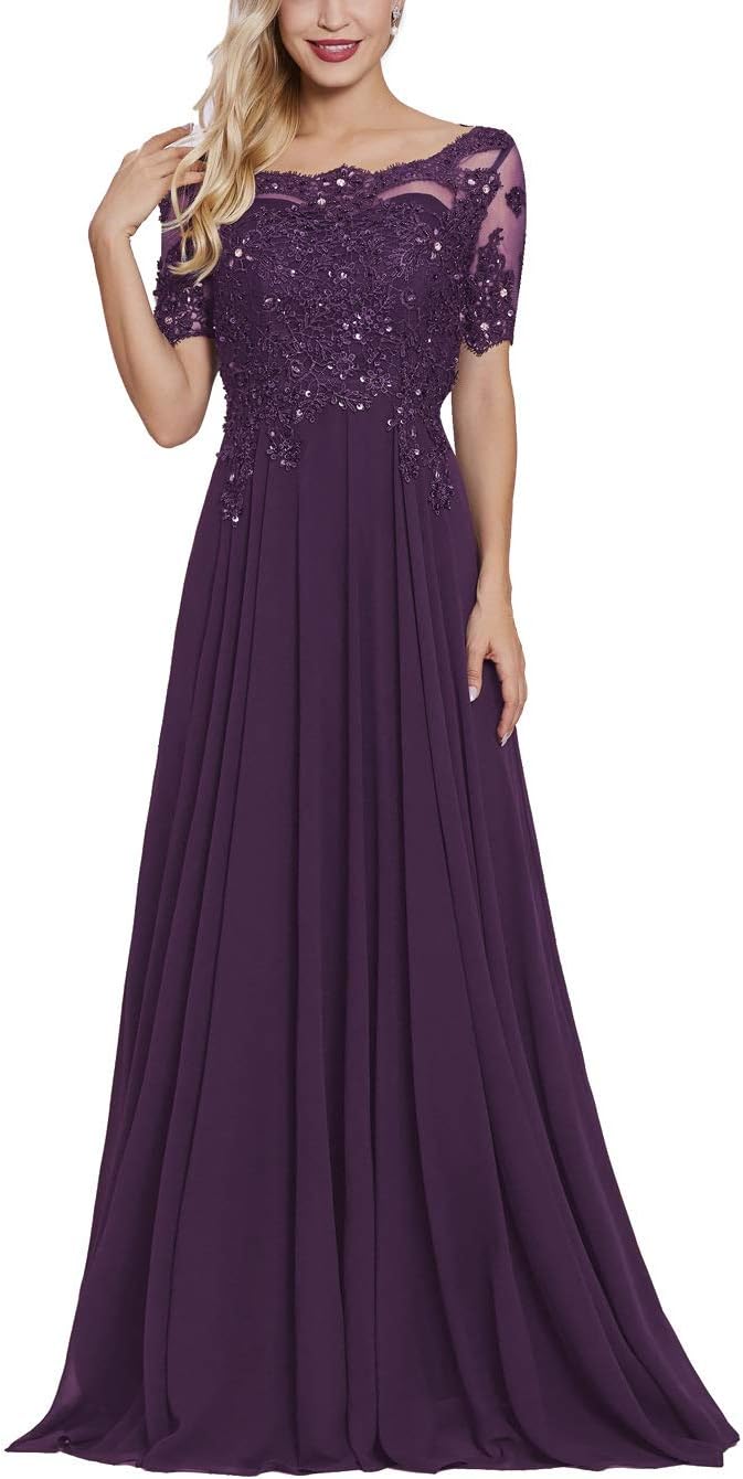 Mother of The Bride Groom Dresses with Short Sleeves Long Maxi Formal Evening Party Gown for Women Plum