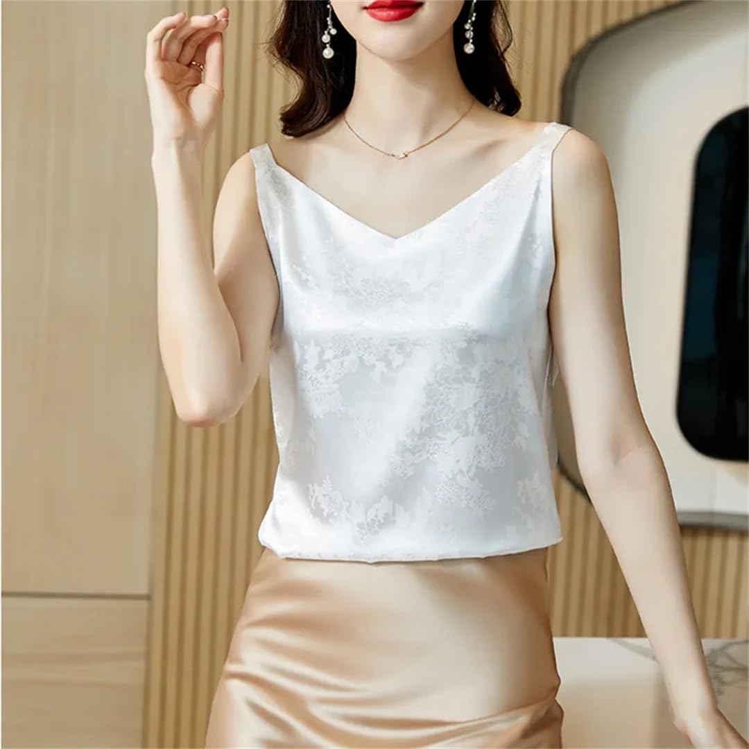 Top estivo da donna con scollo a V senza maniche in seta con stampa vintage