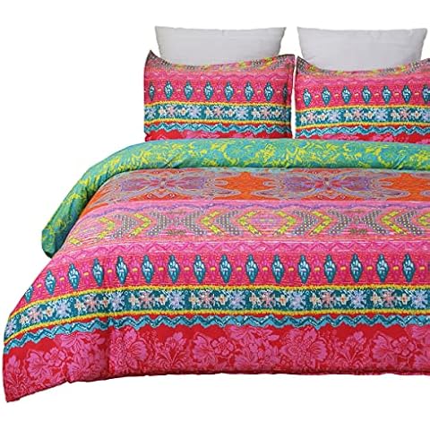 Vaulia Boho Bedding Lightweight Microfiber Duvet Cover Set, Bohemia Exotic Patterns Design, Red /Pink - Queen Size ( 1 Duvet Cover 2 Pillow Shams ) Cover