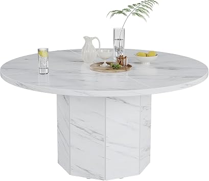 HSH Round Dining Table for 4-6 People, White Faux Marble Dinner Table only, Modern Circle Kitchen Table for Home Living Room, Industrial Wood Dining Room Table with Octagon Base, White Marble, 120 cm