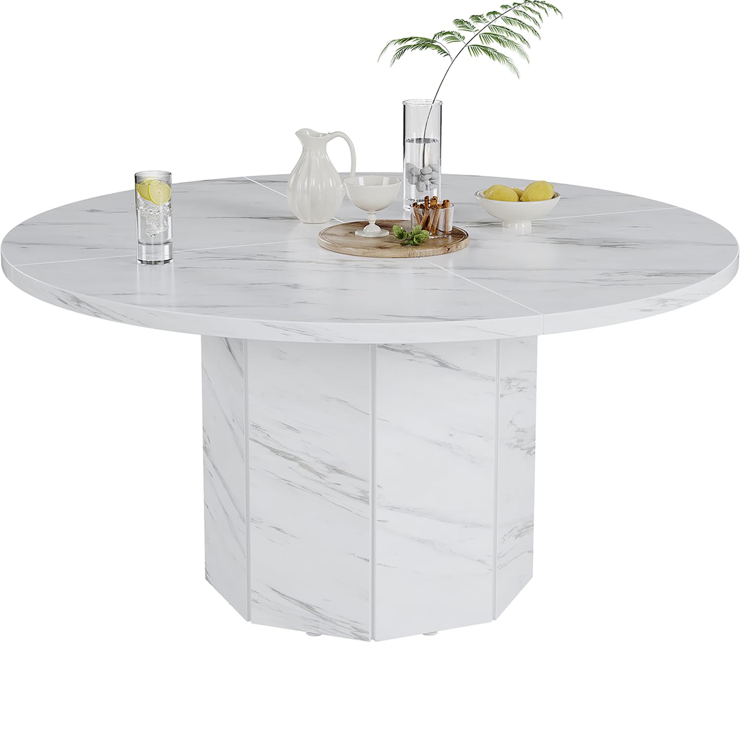 HSH Runder Esstisch Weiß Küchentisch für 4 bis 6 Personen Esszimmertisch Holz mit Marmor Optik Modern Design Tisch mit Achteckiger Basis für Esszimmer Weiß 120 cm
