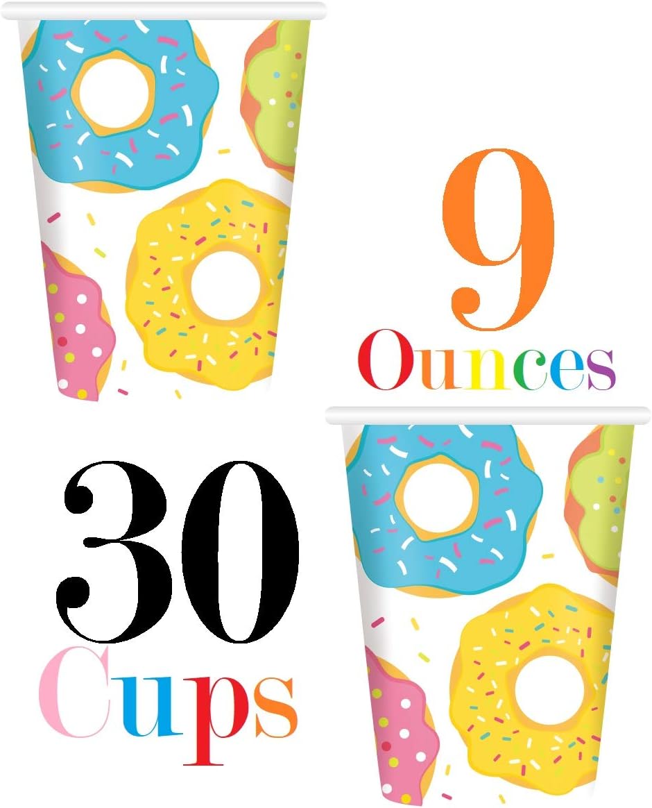 Serves 30 Complete Party Pack Donut Party 9" Dinner Paper Plates 7" Dessert Paper Plates 9 oz Cups 3 Ply Napkins Cake Topper Table cover Donut Grow Up Balloon Donut Theme Party - Image 5