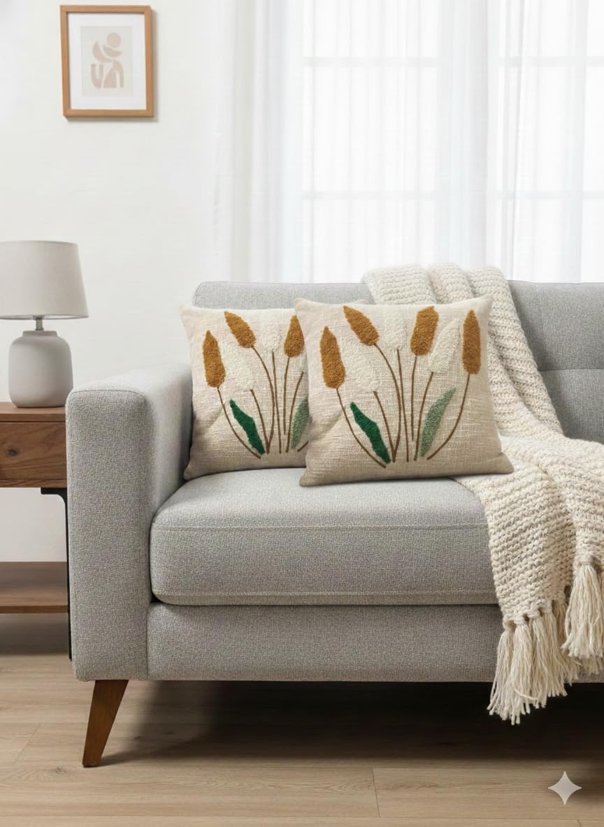 Hand Embroidered Floral Cushion Cover 16x16 Inch | Cotton Linen Decorative Throw Pillow Cover for Sofa, Chair, Office, Living Room & Bedroom (1, Multi Corn)-image-16