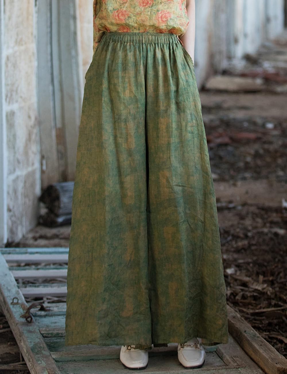 Women's Culottes Ramie Wide Leg Pants Draped Elastic Waist Casual Maxi Palazzo Trousers with Pockets