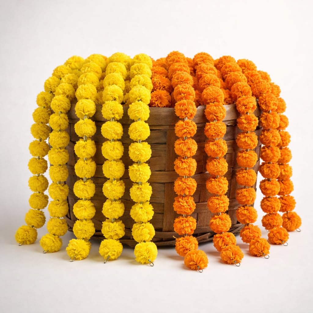 Party Propz Marigold Artificial Flowers For Decoration Hanging-10Pcs 5ft, Yellow, Orange Hanging Flower, Ganpati Decoration Setup For Home, Varamahalakshmi Decorative Items, Haldi Decor, Wedding Decor