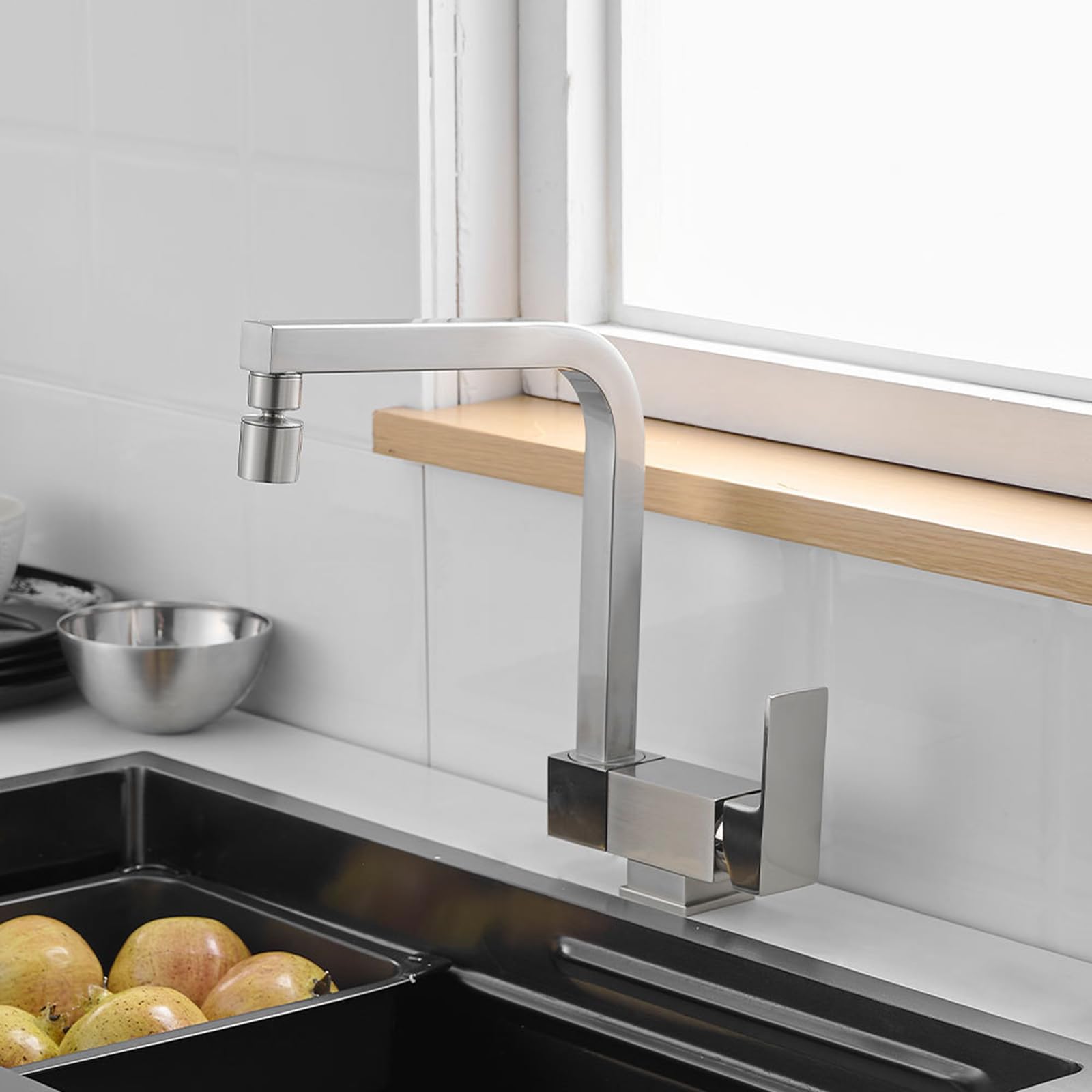 ZYCHSJXA Front Window Kitchen Tap Folding 360° Swivel Brass 2 Modes Sink Taps Mixer-Brushed