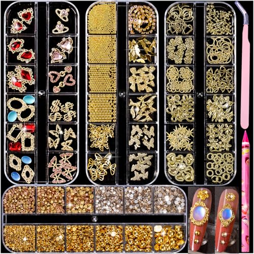 Ftimda Variety Gold Nail Charms: 48 Styles Gorgeous 3D Metal Nail Gems Rhinestones for Acrylic Nails Decoration - Heart Flower Butterfil Star Crystal for Beginner Professional