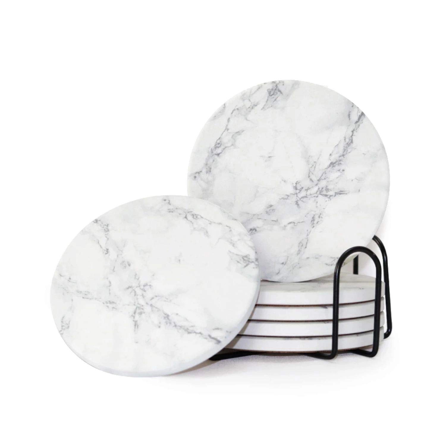 FLASHOMEXL Absorbent Drinks Coasters with Holder, Stone Ceramics Coaster with Cork Backing Set of 6 - Great Gift for New Home, Birthday, Housewarming, Room Decor, Bar, Holiday Party