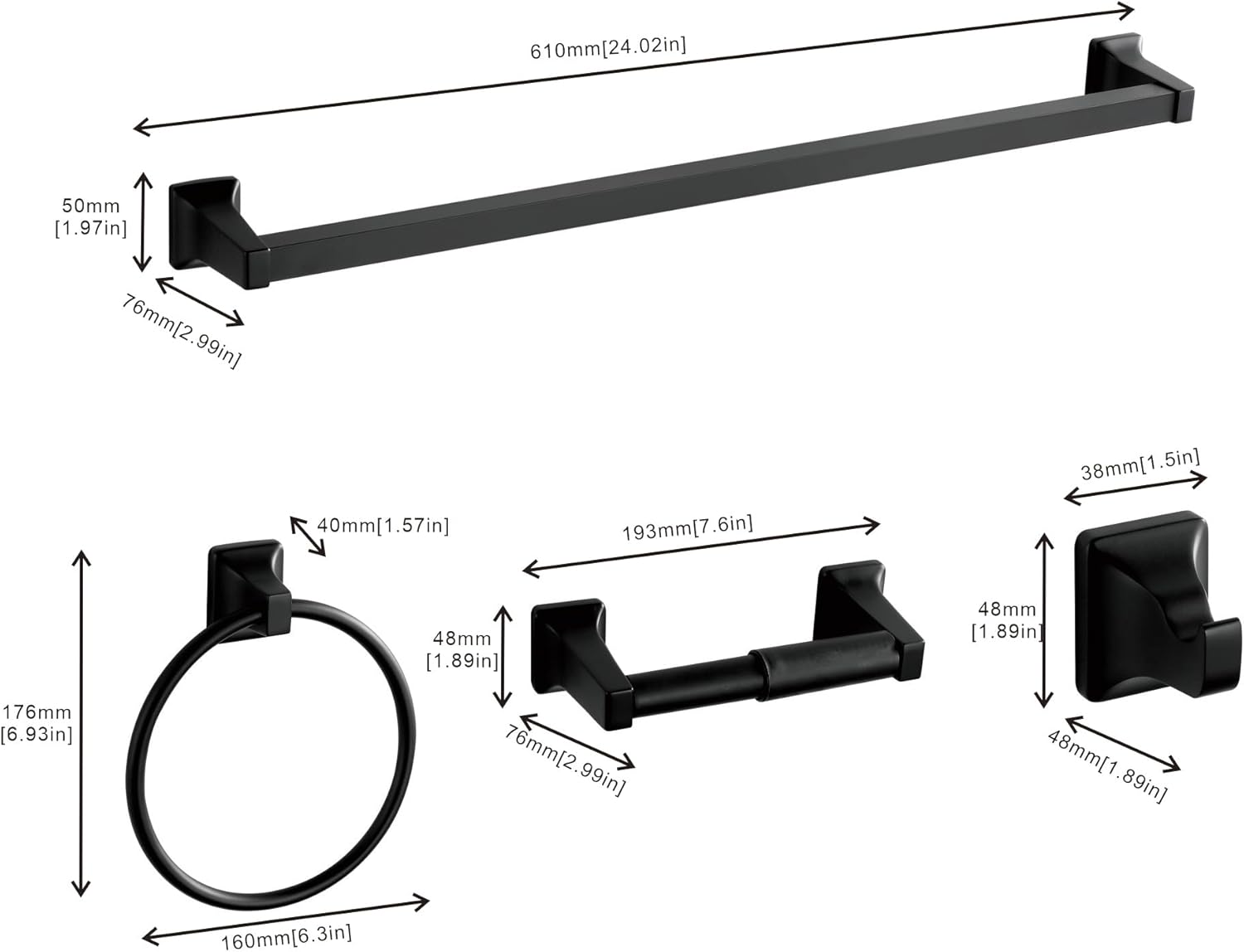 4 Pieces Bathroom Hardware Accessories Set, Stainless Steel 24 inch Towel Bar, Towel Rack, Robe Hook, Toilet Paper Holder for Bathroom Wall Mounted (Matte Black)