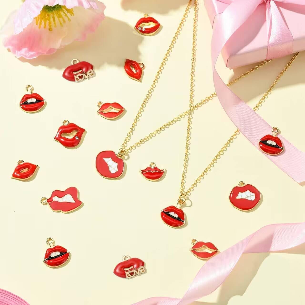 LiQunSweet 45 pcs 9 Styles Red Lip Shaped Enamel Alloy Charms Kiss Mouth Lipstick Charms for DIY Jewelry Bracelet Necklace Earring Craft Keychain Decoration