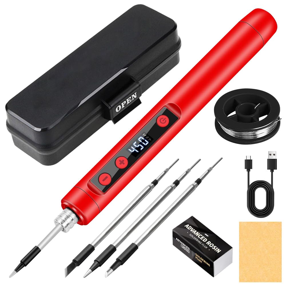 Set saldatore, saldatore a batteria USB con LCD, 180 ℃-450 ℃, ferro portatile con filo di saldatura, cassetta degli attrezzi, 3 punte per saldatore, ecc. per piccole riparazioni come circuiti stampati