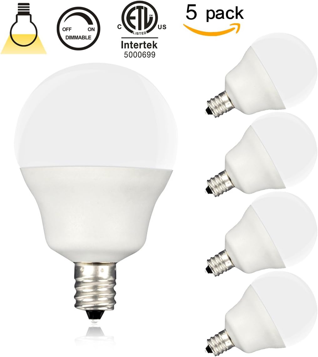 (Pack of 5,Warm White) zhuy 5w E12 LED Candle Bulbs, Dimmable, Round Shape, 40w Equivalent, Candelabra LED, Candelabra Bulb