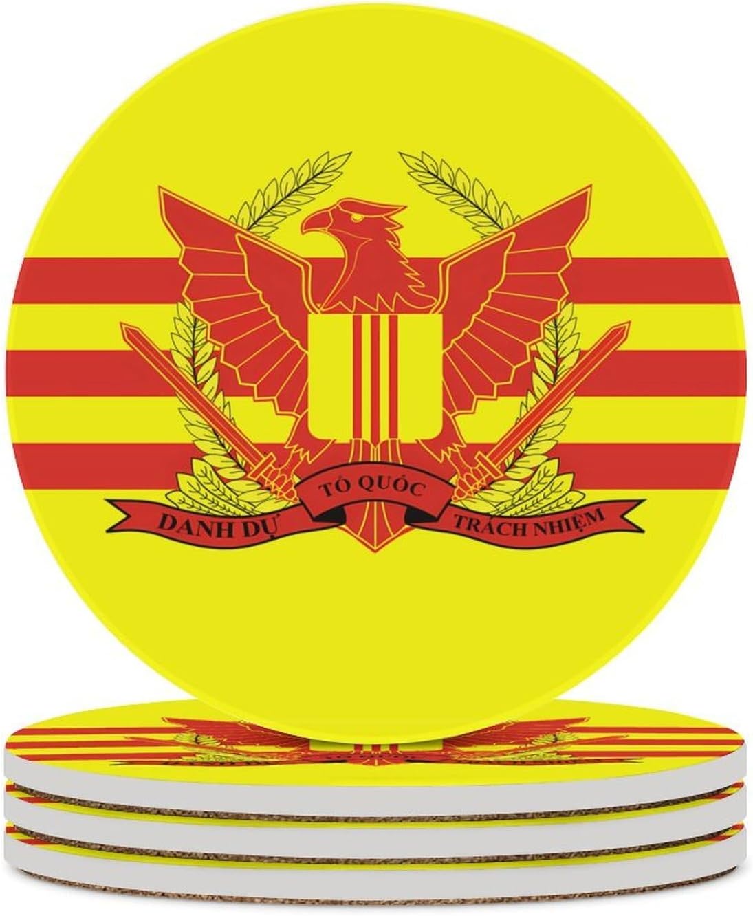 War Flag of South Vietnam Round Ceramic Coasters Print Drinks Absorbent with Cork Base for Home Decor Gifts 4 Inch
